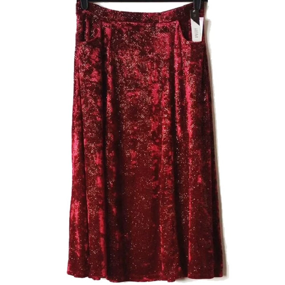 NWT Elegant Avery Panne Velvet Midi Skirt M Burgundy Red Scalloped Gold
